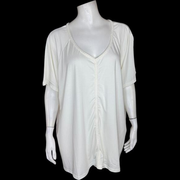Laurie Felt White Tunic Top 2X Bamboo Cotton V-Neck Braided Trim Stretch NWT - Picture 1 of 14